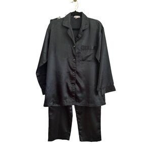 Opulence Black Satin Pajama Set Button-Up Shirt & Elastic Waist Pants Size S